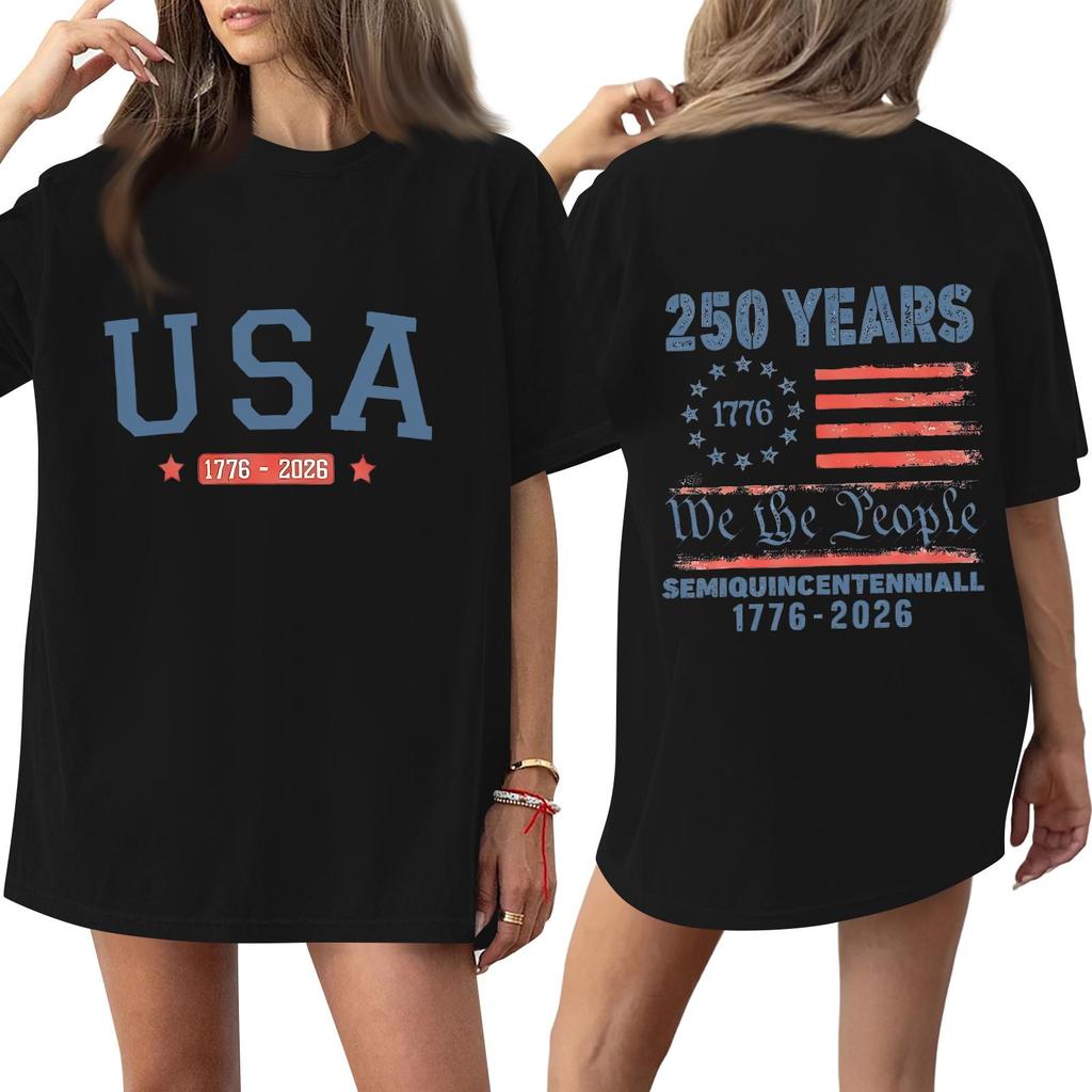 Women’s Casual Short Sleeve Crew Neck T-Shirt with USA 250th Anniversary Printed Graphic Loose Fit Comfortable Top 1776-2026 Commemorative Design