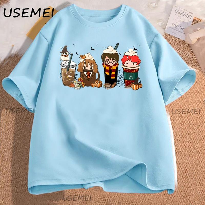 Cute Coffee Characters TShirt Women Men Aesthetic Tee Pumpkin Fall T Shirt Cotton Short Sleeve  Aesthetic High Quality Tees
