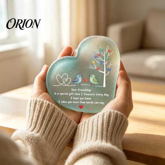 Decorative Ornament for Bedside Table Heart Shape Acrylic Friendship with Engraved Verse & Bird Tree, Desktop Meaningful Presents Colleague Art Decor