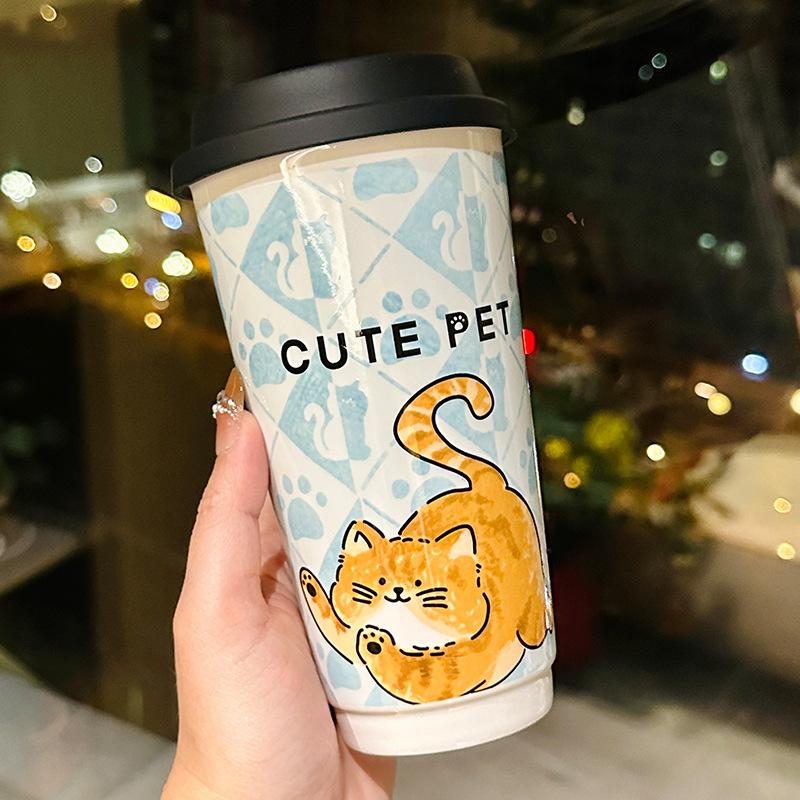 

Cute Cartoon Cat And Dog Ceramic Random Cup With Lid Large Capacity Straight Cup Girl Heart Household Water Cup Souvenir About 580ml