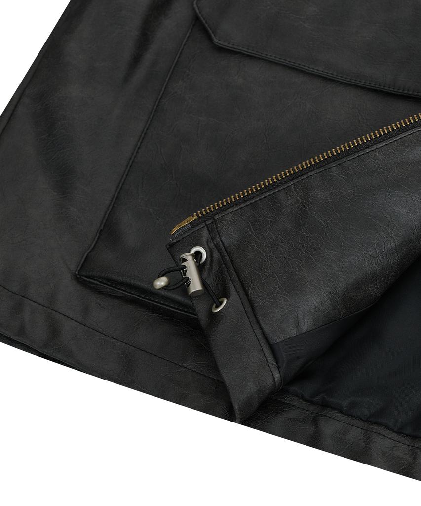 Standarderror 87-Stan176 Minimal Vintage Double Pocket Leather Jacket Black