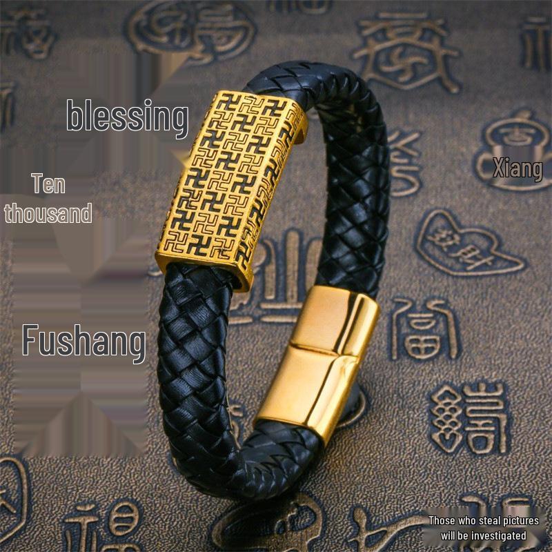Vietnam Sandgold Persönlichkeit Ruyi Abakus Lederarmband für Männer - Dominanter Ethnischer Stil, Vergoldet.