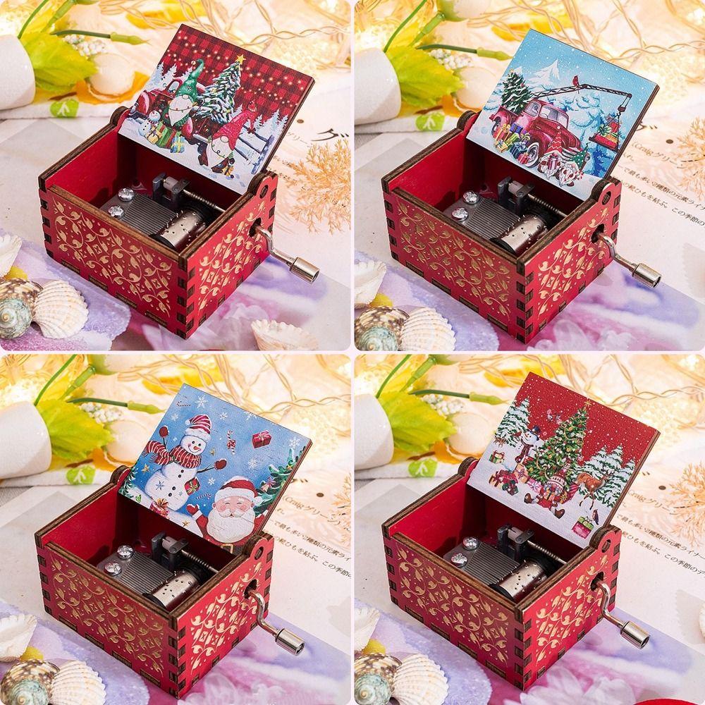 Red Music Box Ornaments Painted Santa Claus Wooden Box Fashion Hand-cranked Music Box  New Year