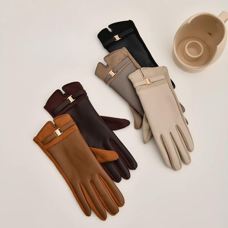 New Leather Gloves Women's Winter Warm Fleece Thickened Touch Screen Winter Driving Finger Gloves