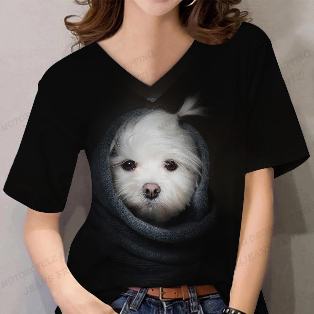 

Summer V-neck 3D White Dog Printed Top Fashionable Casual Short Sleeved Women s T-shirts S