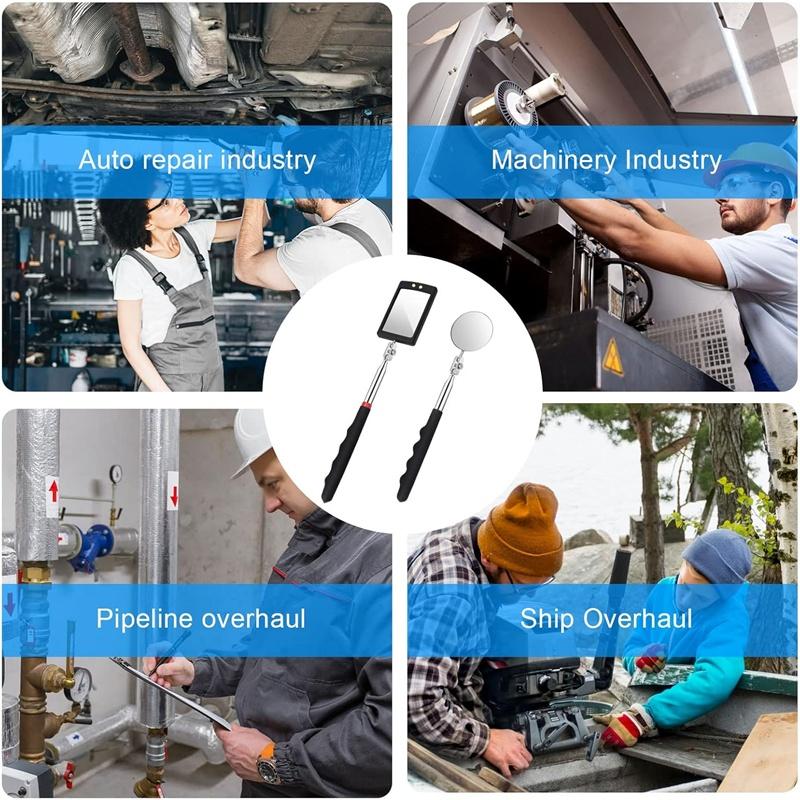 Car 360° Mirror LED Light Telescoping Mirrors Extend Mechanic Tools Inspection Mirror Telescopic Handle Repairing Tools