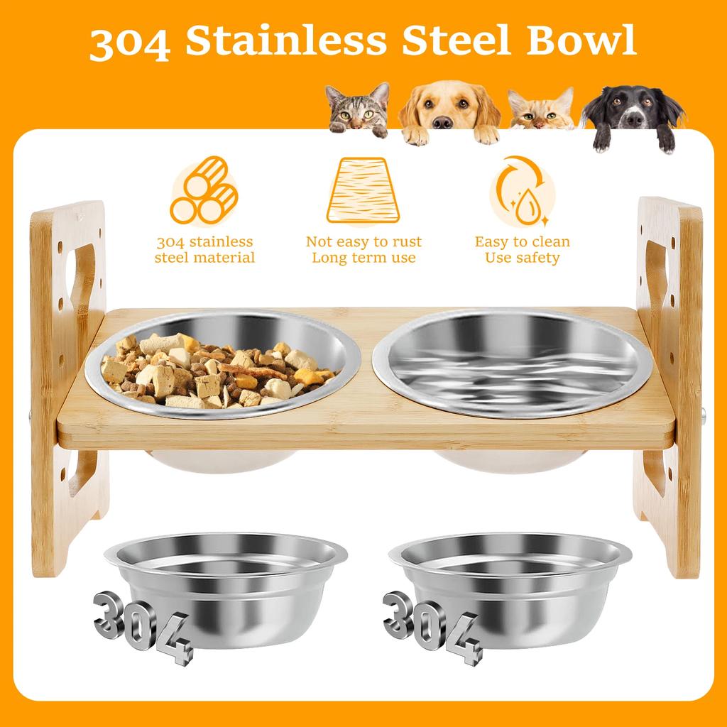 Elevated Dog Bowls Wood Tilted Adjustable Dogs Feeder Stand with Stainless Steel Food Bowls for Your Cat and Dog Pet Accessories