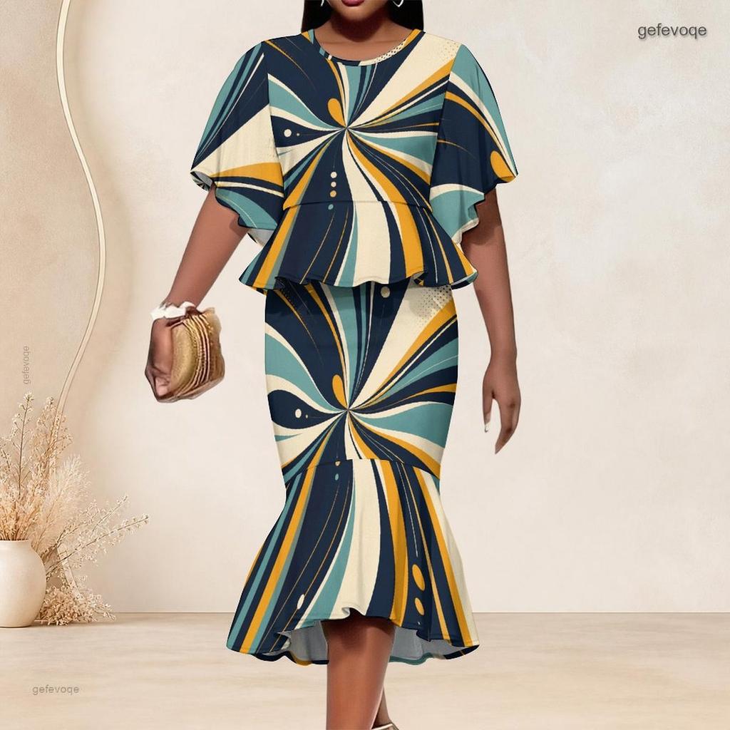 Women Plus Size Two Piece Skirt Set Round Neck Batwing Sleeve Printed Ruffle Hem Top Fishtail Skirt Red Black Gray