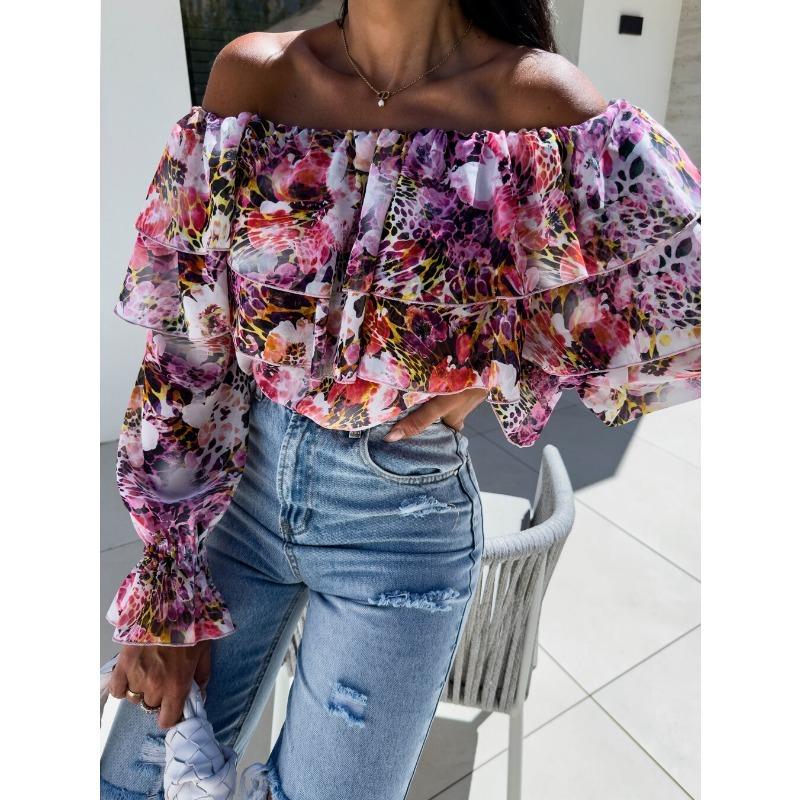 New Spring Off-the-shoulder Floral Printed Layer Ruffled Women Blouse Sexy Long Sleeve One-word Collar Shirt Sweet Loose Casual Tops Clothing