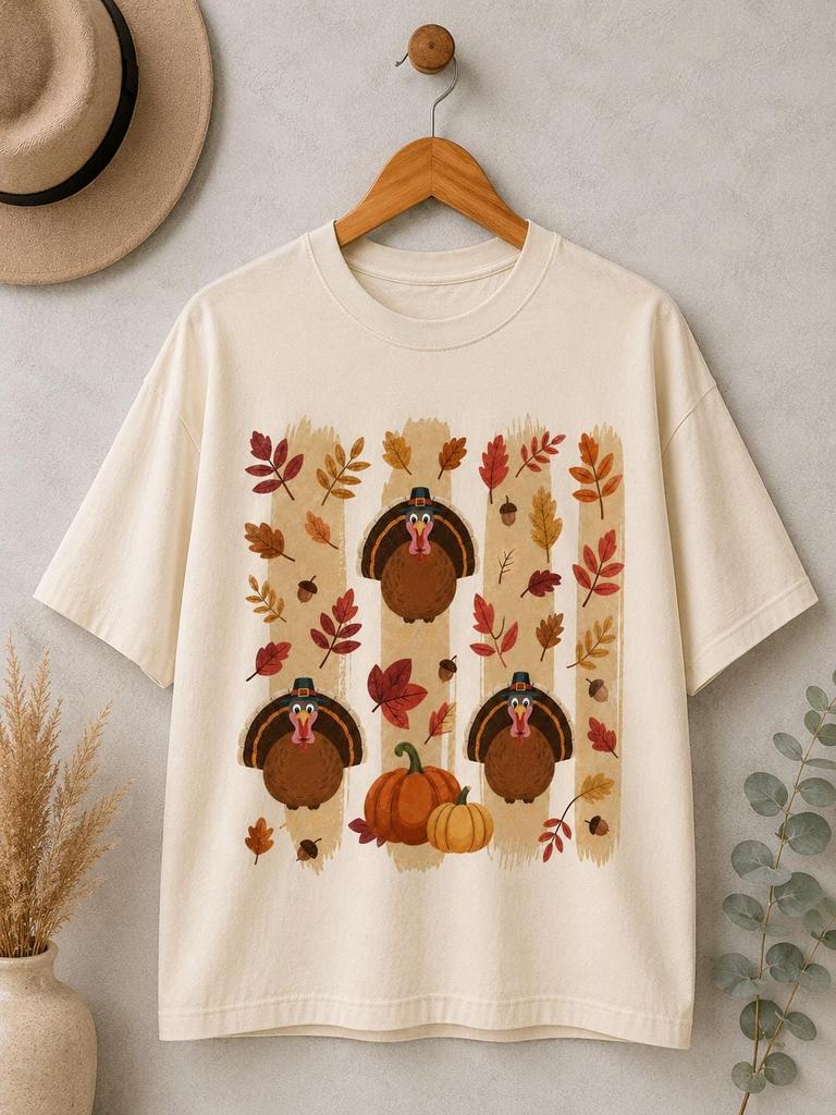 Thanksgiving Turkey Fall T-Shirt | Cute Autumn Pumpkin & Turkey Graphic Tee