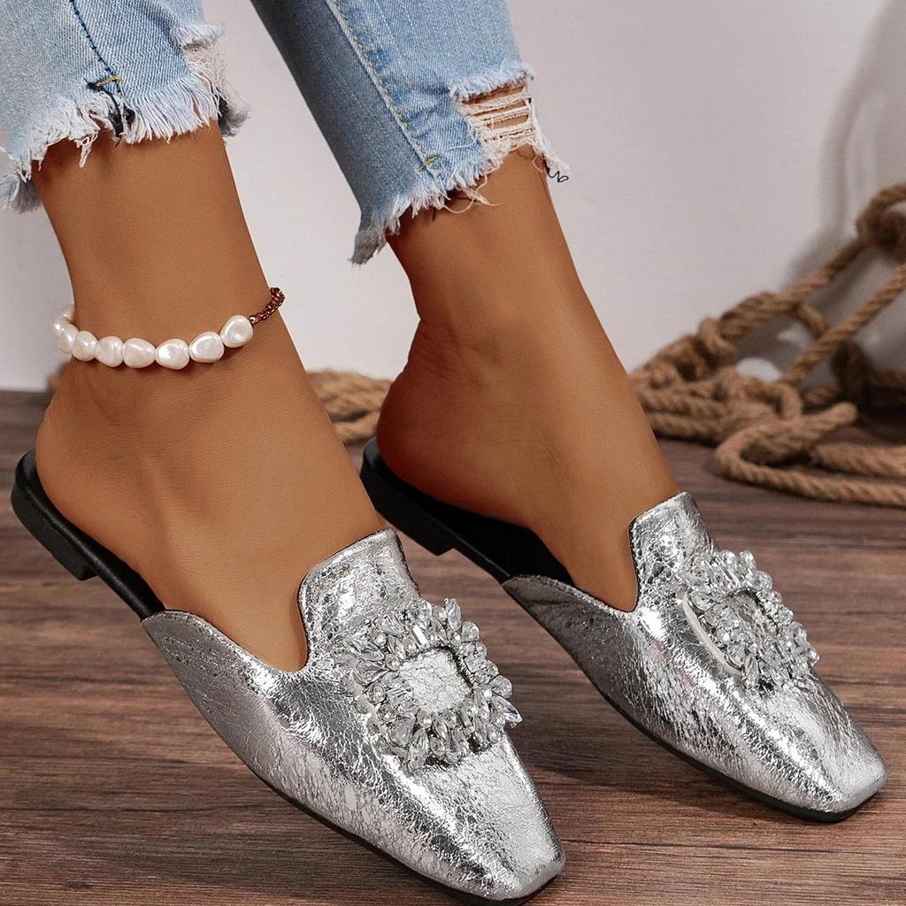 2026 Sommer Neu Damen Eckige Zehenpartie Flache Hausschuhe Strass-Schnalle Mules Damen Outdoor Damen Leichte Freizeit-Slipper