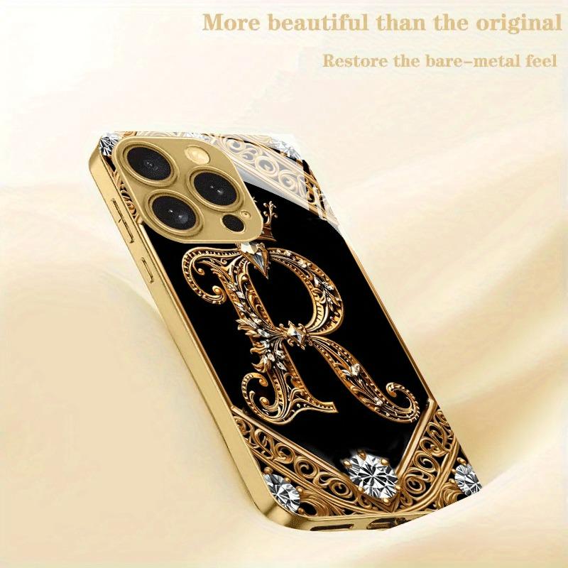 Creatieve Elegante Letter R Goud Metallic Verf Glas Telefoonhoesje Voor iPhone 17 16 15 14 13 12 11 Pro Max 14 Plus 17 Air 16E Cover