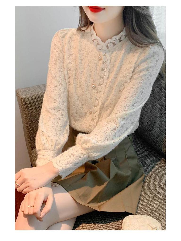 Women's Plush Lace Long-Sleeve Shirt - Stylish and Warm Autumn/Winter 2024 Top