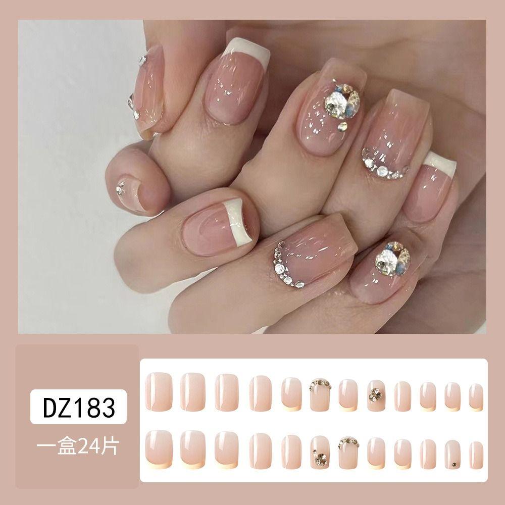 

24pcs Detachable Press on Nails DIY Short Square False Nails Shining Crystal French DZ183