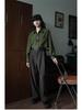 Women's Retro Hong Kong Style Green Cotton-Linen Long Sleeve Shirt, Slim Fit for Spring and Autumn