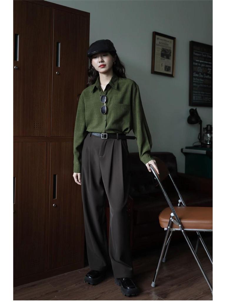 Women's Retro Hong Kong Style Green Cotton-Linen Long Sleeve Shirt, Slim Fit for Spring and Autumn