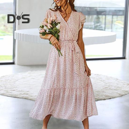 

Женское платье миди с v-образным вырезом и лепестками, с короткими рукавами, летнее платье на талии со шнуровкой, рюшами и цветочным принтом, богемное платье, уличная одежда S жёлтый