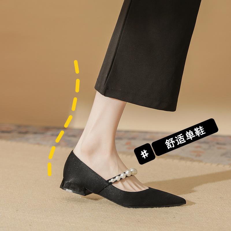 29803 [sheepskin] Pointed Flat Shoes Women's 2025 New Pearl One-word with Thick Heel Mary Jane Single Shoes