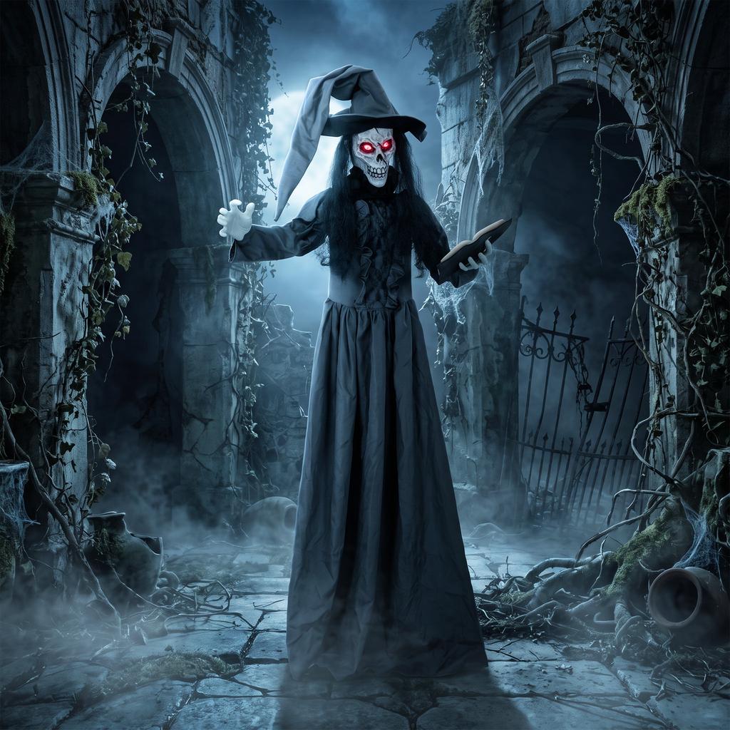 180 cm Halloween Animierte Hexe Dekoration Lebensgroß mit Leuchtenden Augen, Gruseligem Geräusch, Berührungsaktivierung