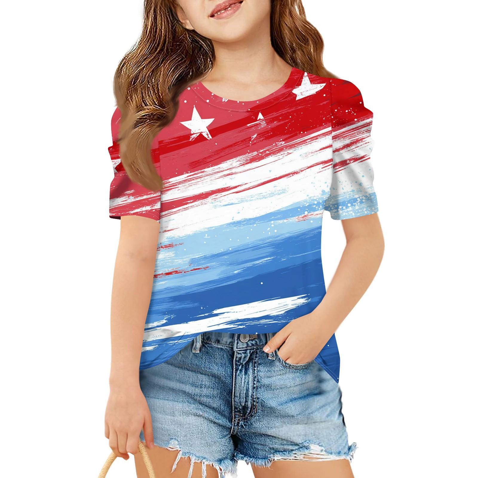 

Летний топ с короткими рукавами для девочек, детская повседневная футболка с круглым вырезом на День независимости 160