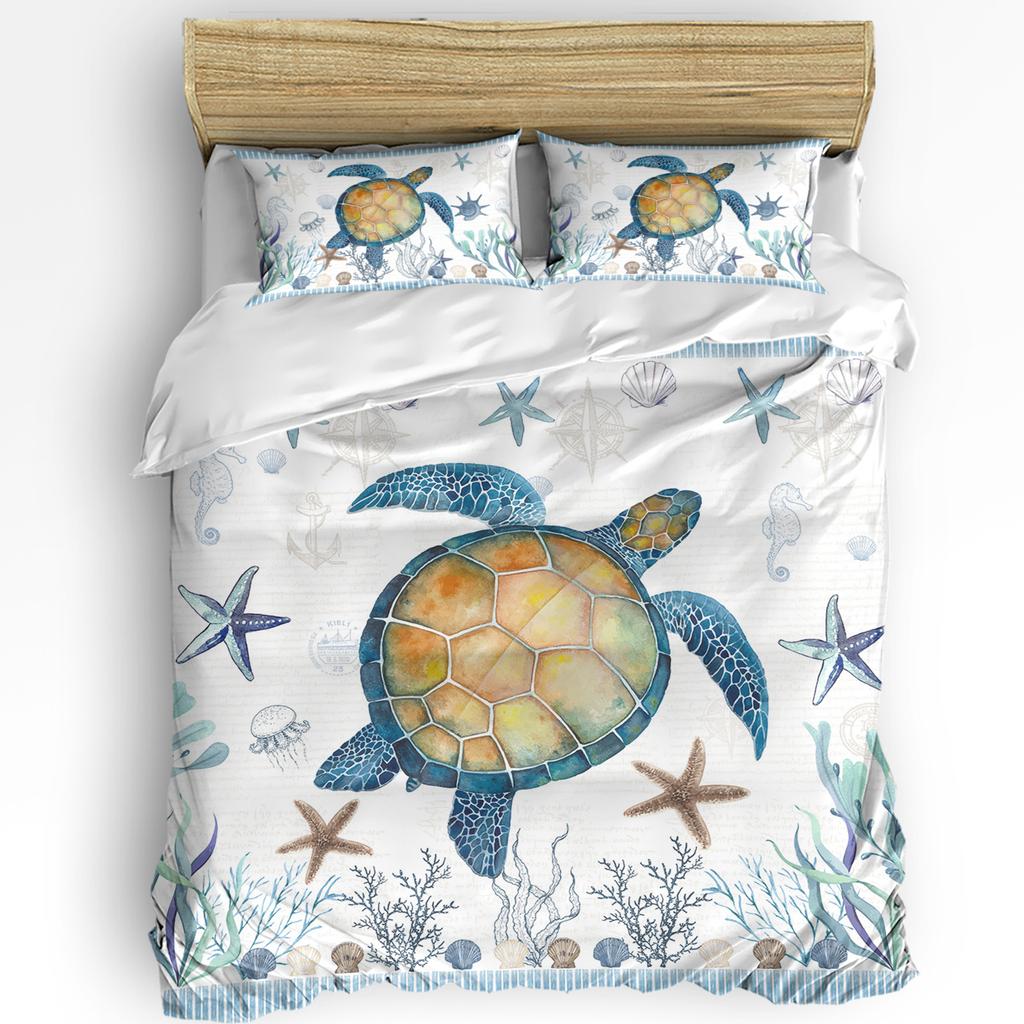 Nautical Theme Sea Turtle Starfish Compass Duvet Cover with Pillow Case 3pcs Bedding Set Quilt Cover Double Bed Home Textile
