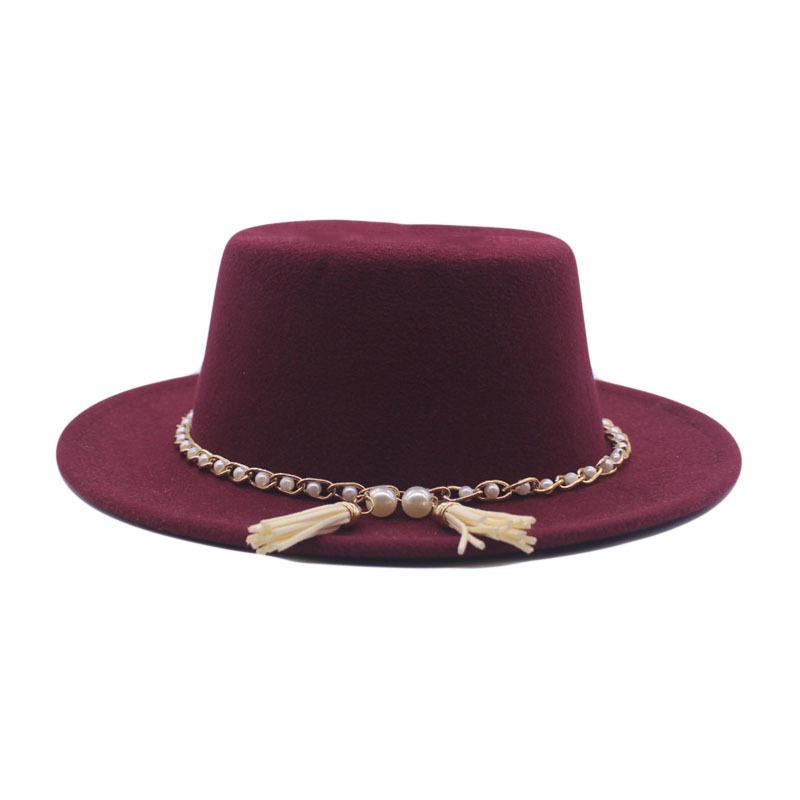 European, American and British Style Retro Fringed Pearl Chain Woolen Felt Hat Wide Brim Top Hat Flat Top Lady Hat Trendy Girl