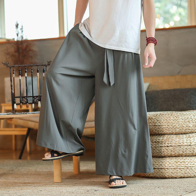 Men's Wide-Leg Ice Silk Culottes - Chinese Style Hanfu Tang Suit Meditation Skirt Pants