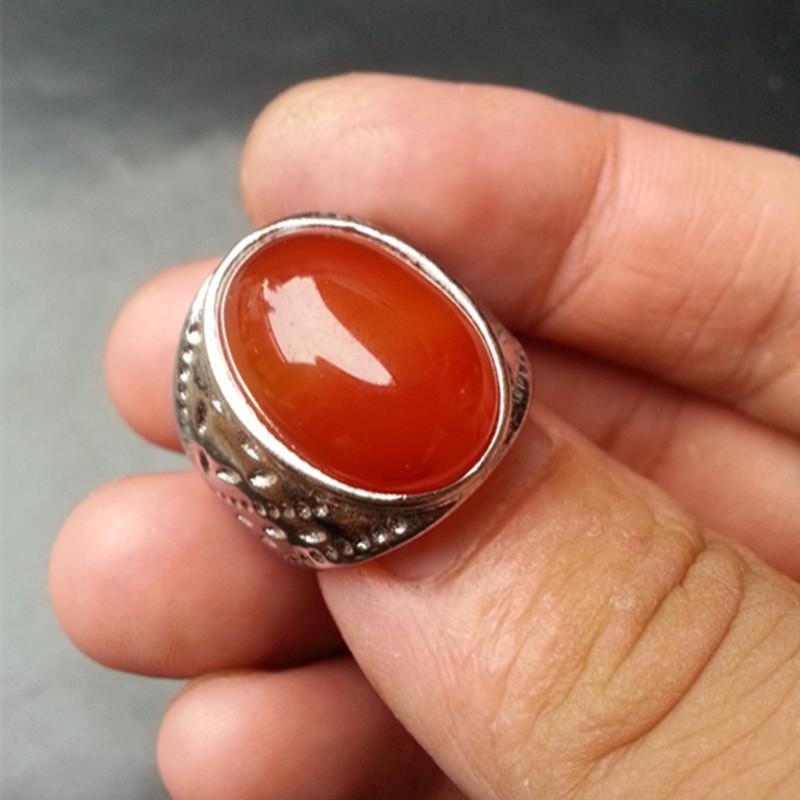 Grand Ambition Unisex Jade & Red Agate Cabochon Ring Inner Diameter Size 19