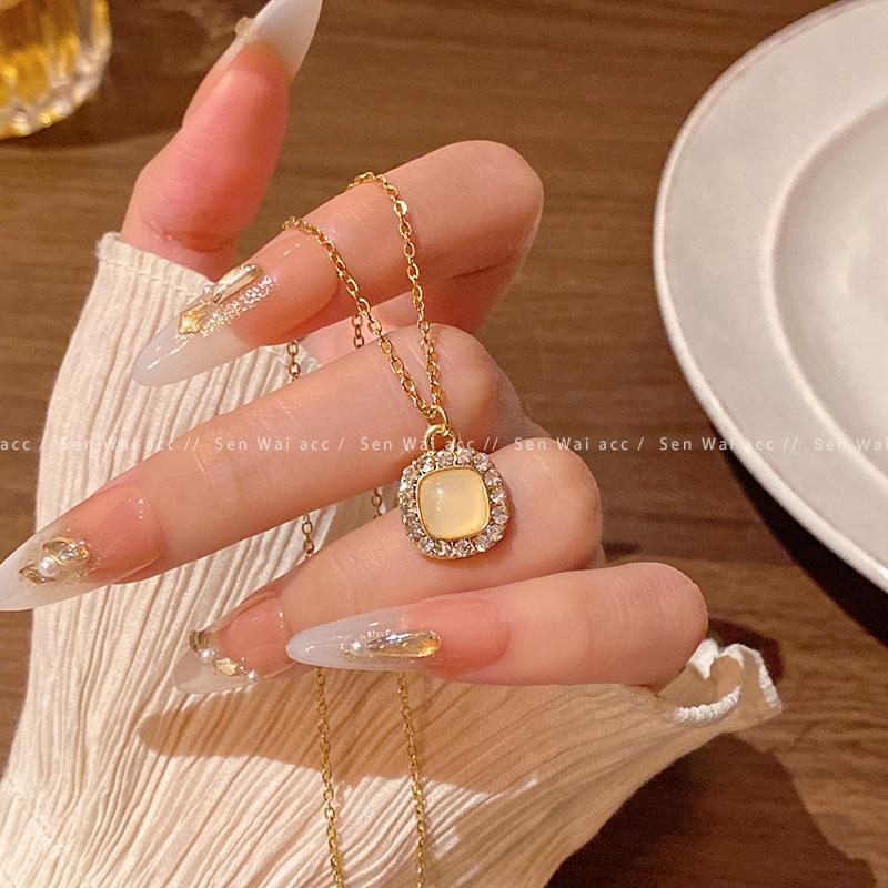 opal geometric sugar cube titanium steel necklace female design zircon pendant collarbone chain accessories