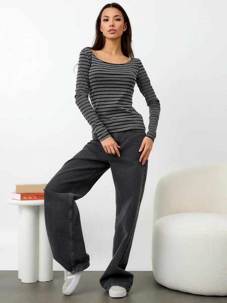 Damski T-shirt w paski z długim rękawem Y2k Top na jedno ramię Casualowy Slim Fit Hot Girl Styl Vintage Modne Ubrania