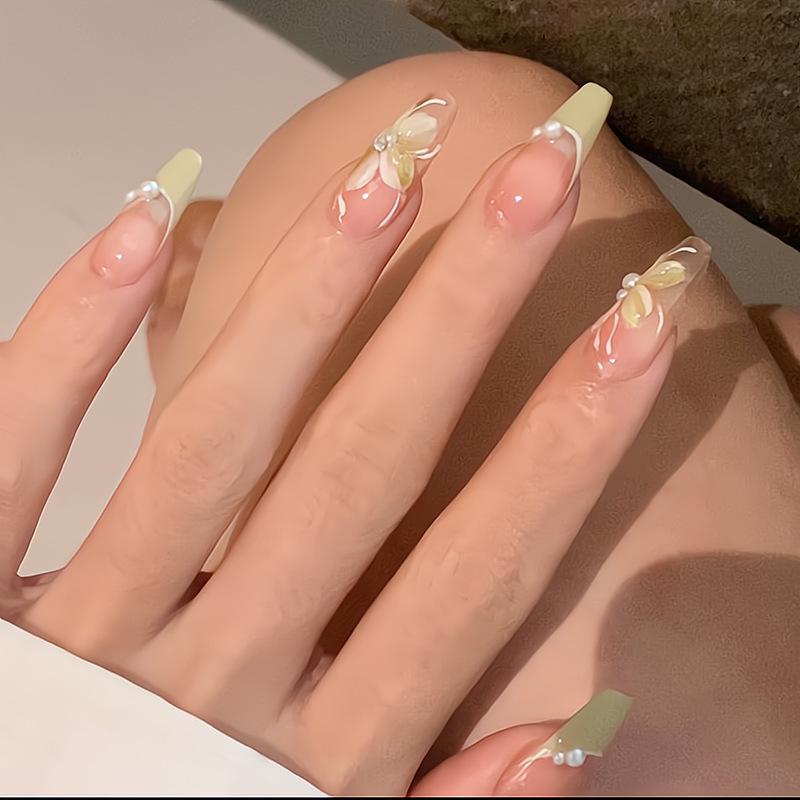 

Pearl Camellia Fresh Wearable Long Ballerina Nail Tips Z178 Pale Green Camellia [Glue Version]