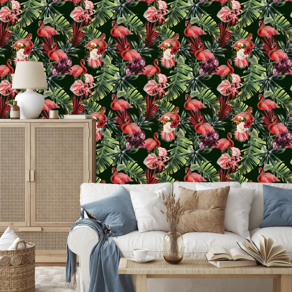 Flamingos wallpaper roses flowers and green for living room and bedroom 50x1000