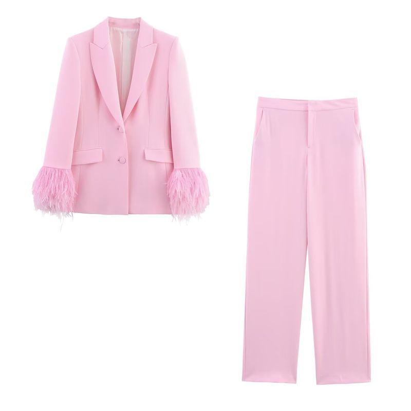 Kaslead New Women Clothes Western Style Feather Cuff Blazers Trousers 7844934 3421324
