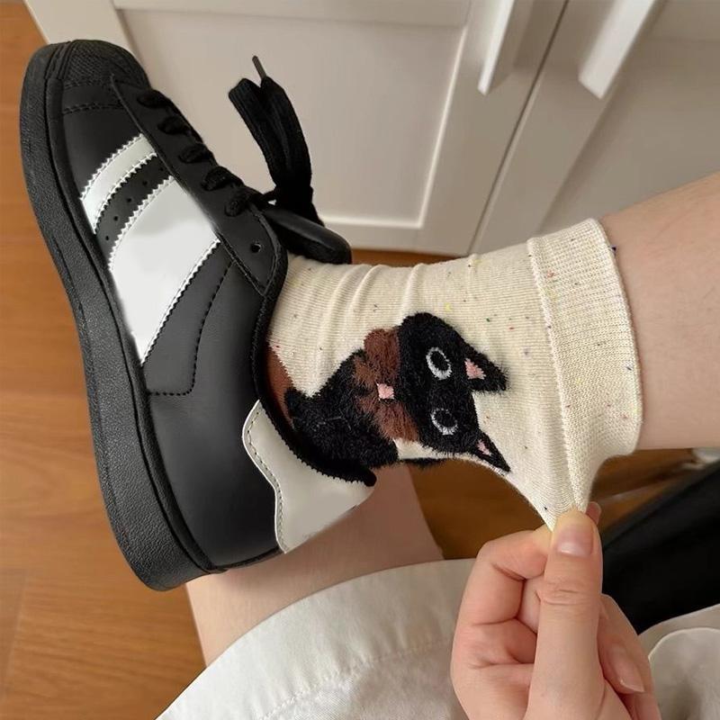 1 Pair Women's Socks Autumn Winter Letter Print Breathable Cat Ankle Socks High Quality Mid-Calf Socks Cute Cat Polyester Blend