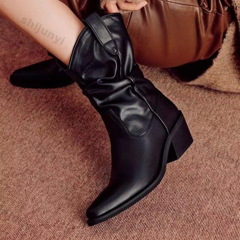 Fashion Women Chunky Heeled Western Boots Faux Suede Ankle Boots Woman Autumn Vintage Loose Tube Pleated  Mid Calf Cowboy Botas Mujer