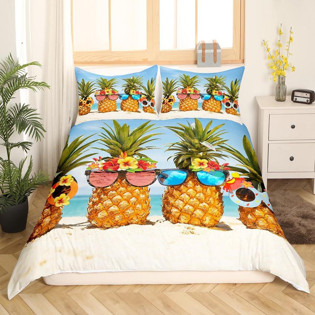 Pineapple Duvet Set Tropical Fruit Beach Print Bedding Set Teen Bedroom Decoration Three-Piece Set