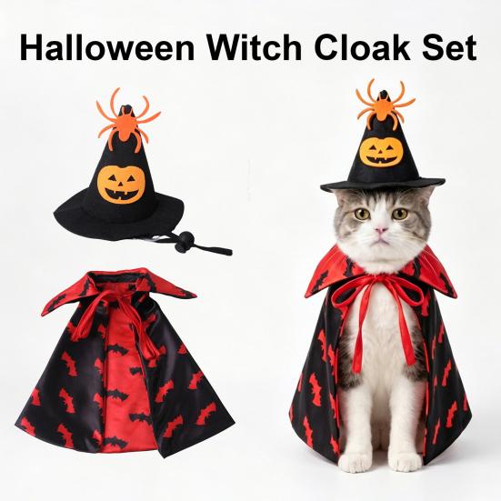 Huaqianguhh 1 Set Pet Halloween Costume, Spider Pumpkin Wizard Hat And Double-Sided Bat Print Cape, Holiday Party Outfit for Cats Dogs