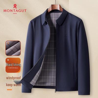 MONTAGUT Men's Windproof Business Lapel Jacket with Plaid Lining
