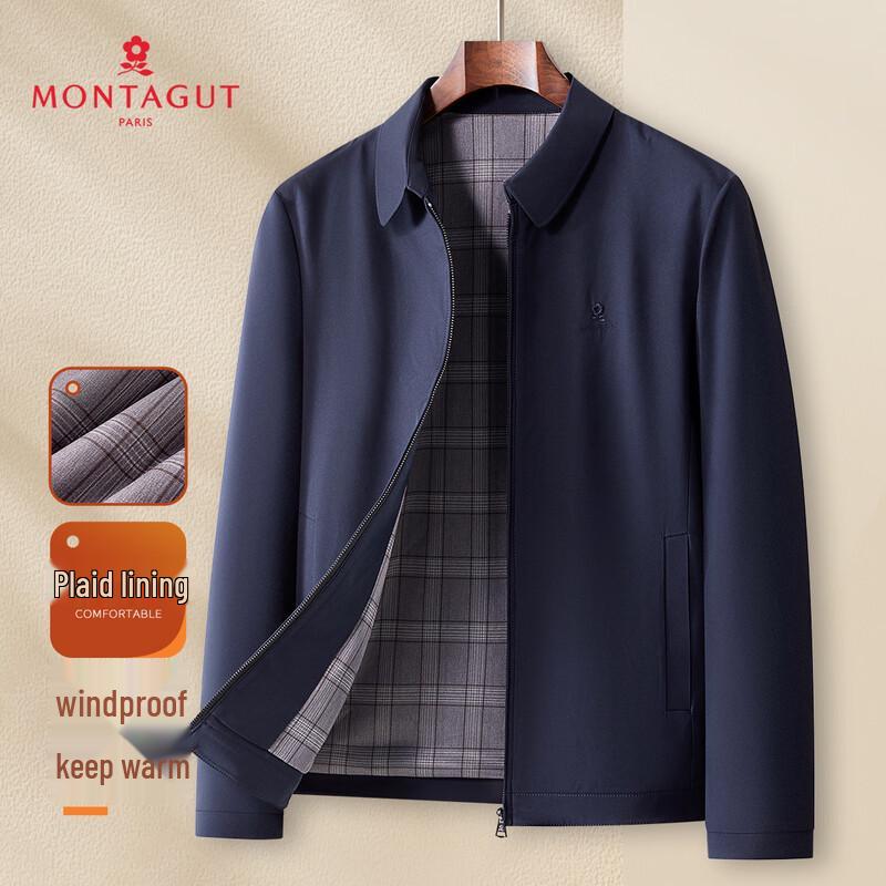 

MONTAGUT Men s Windproof Business Lapel Jacket with Plaid Lining M