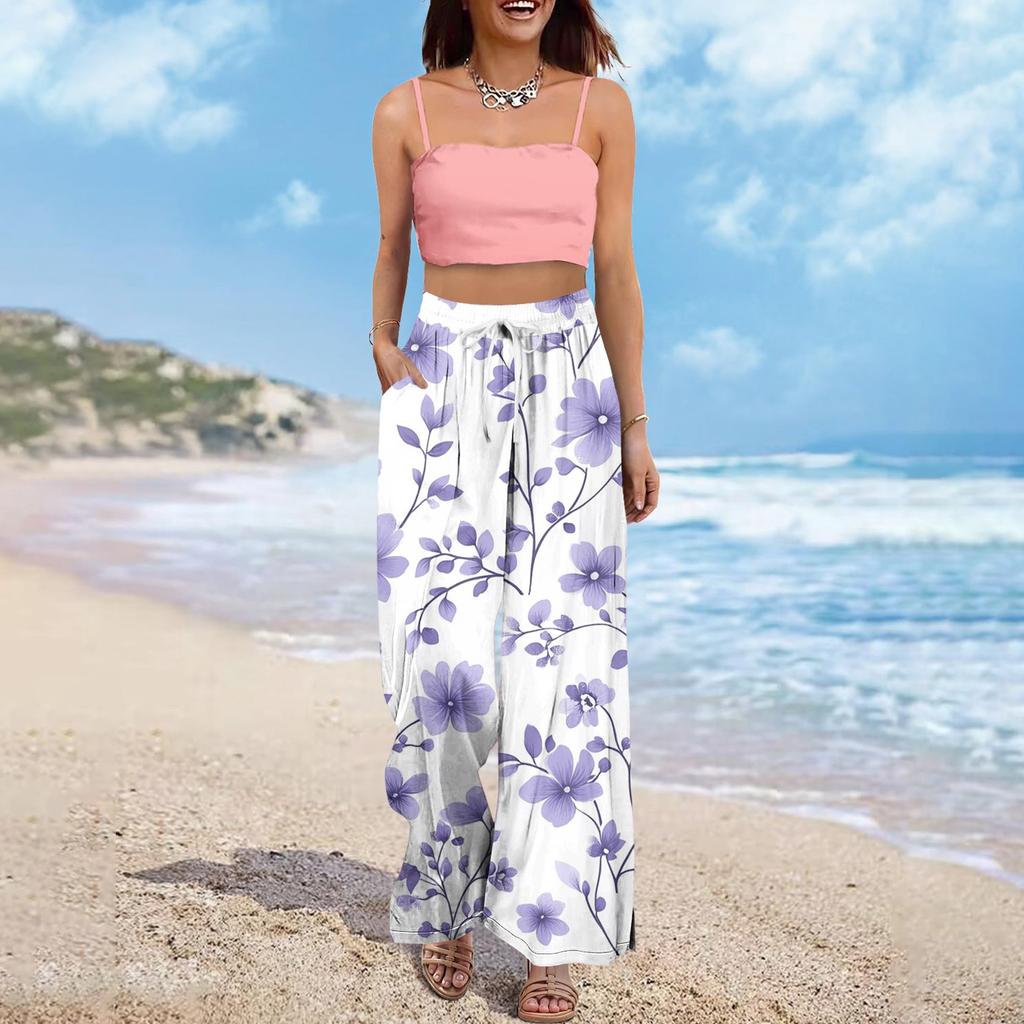 Women's Wide Leg Pants With Elastic Waistband Printing Large Pockets Patchwork Edge, Loose Pants
