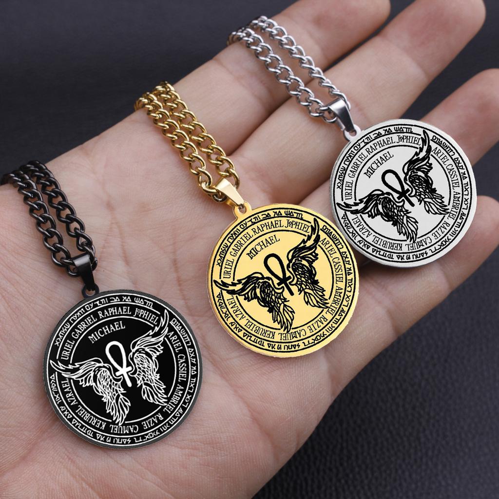 12 Guardian Angel Medal Wings Ankh Life Force Stainless Steel Pendant Necklace