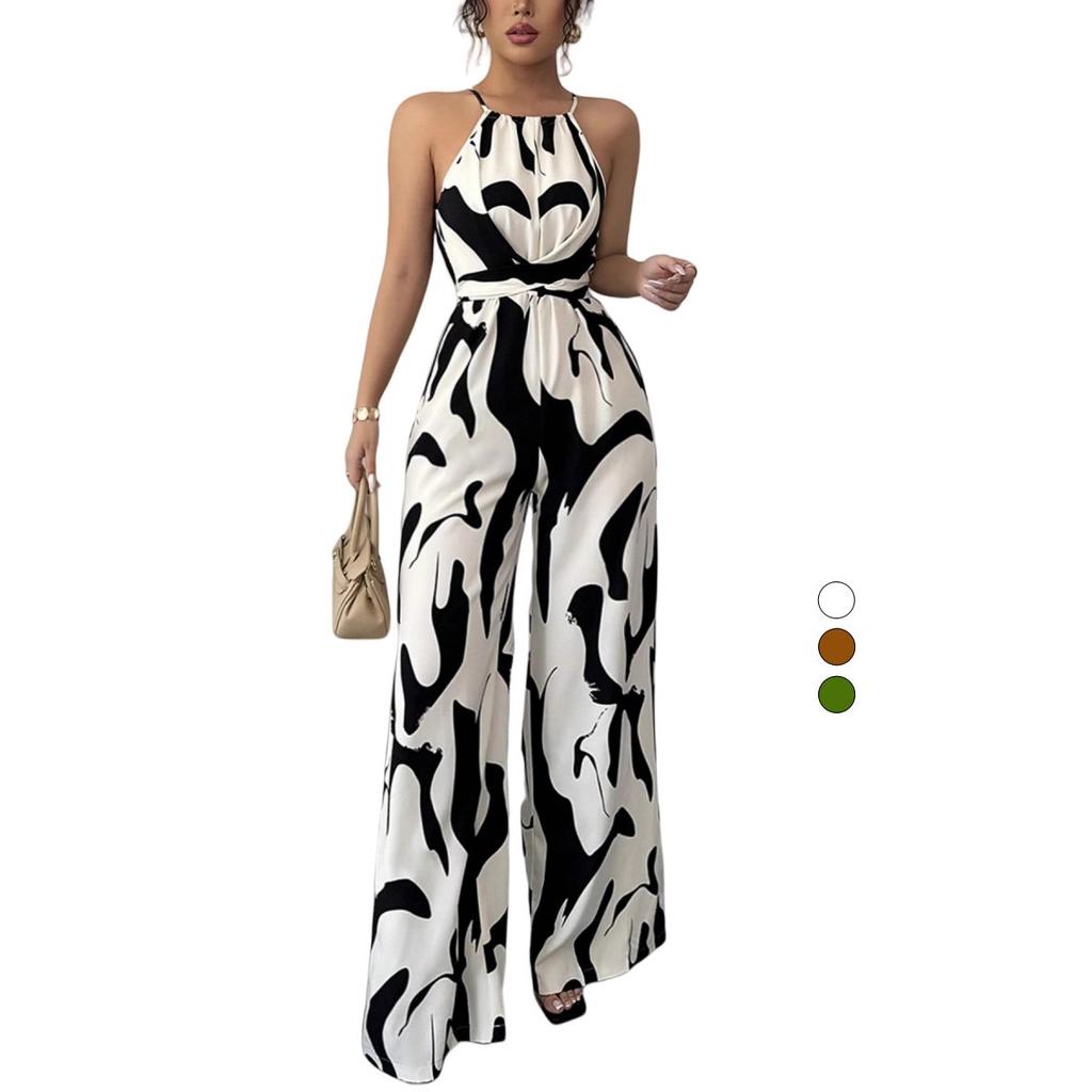 Women's Halter Neck Sleeveless Printed High Waist Wide Leg Jumpsuit Casual Summer Romper