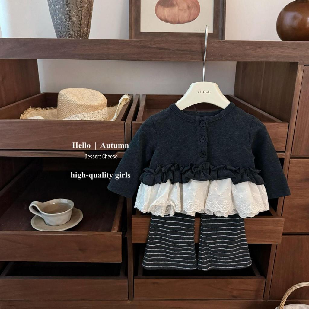Girls' 2025 Korean-Style Lace Cardigan & Flared Pants Set - Autumn Fashion