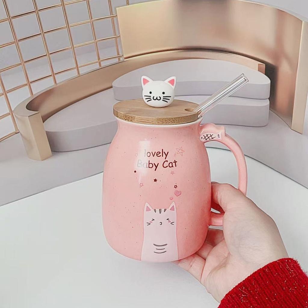 Niedliche Cartoon Katze Keramiktasse mit Deckel Löffel Große Kapazität Becher Haushalt Kaffeetasse Frühstück Milch Wasser