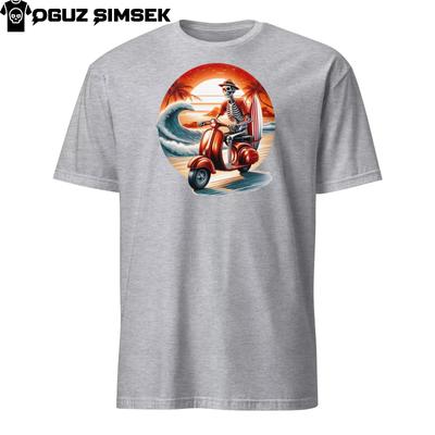 Whimsical Skeleton On Scooter Surfing Sunset Unisex T-Shirt Mens Womens Tees Top