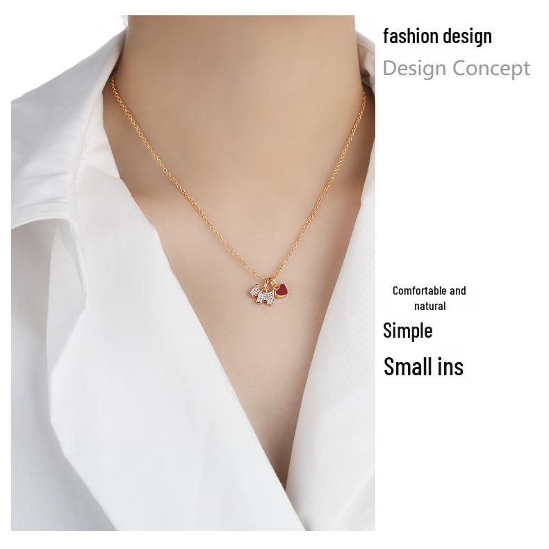 AG French Zircon & Diamond Heart Necklace - Mother-of-Pearl and Agate, Luxury Dog Design Clavicle Chain.