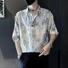 Chinese Style Character Printed Shirts Men's Clothing Turn-down Collar Summer Vintage Spliced Loose Casual Short Sleeve Shirts