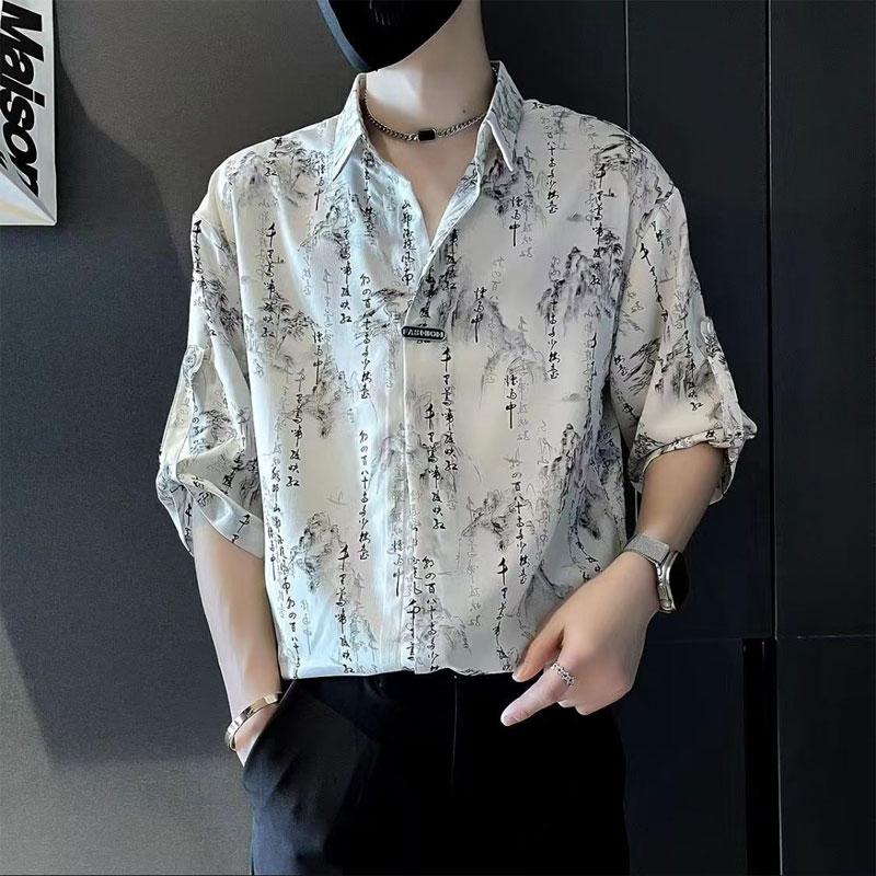 Chinese Style Character Printed Shirts Men's Clothing Turn-down Collar Summer Vintage Spliced Loose Casual Short Sleeve Shirts