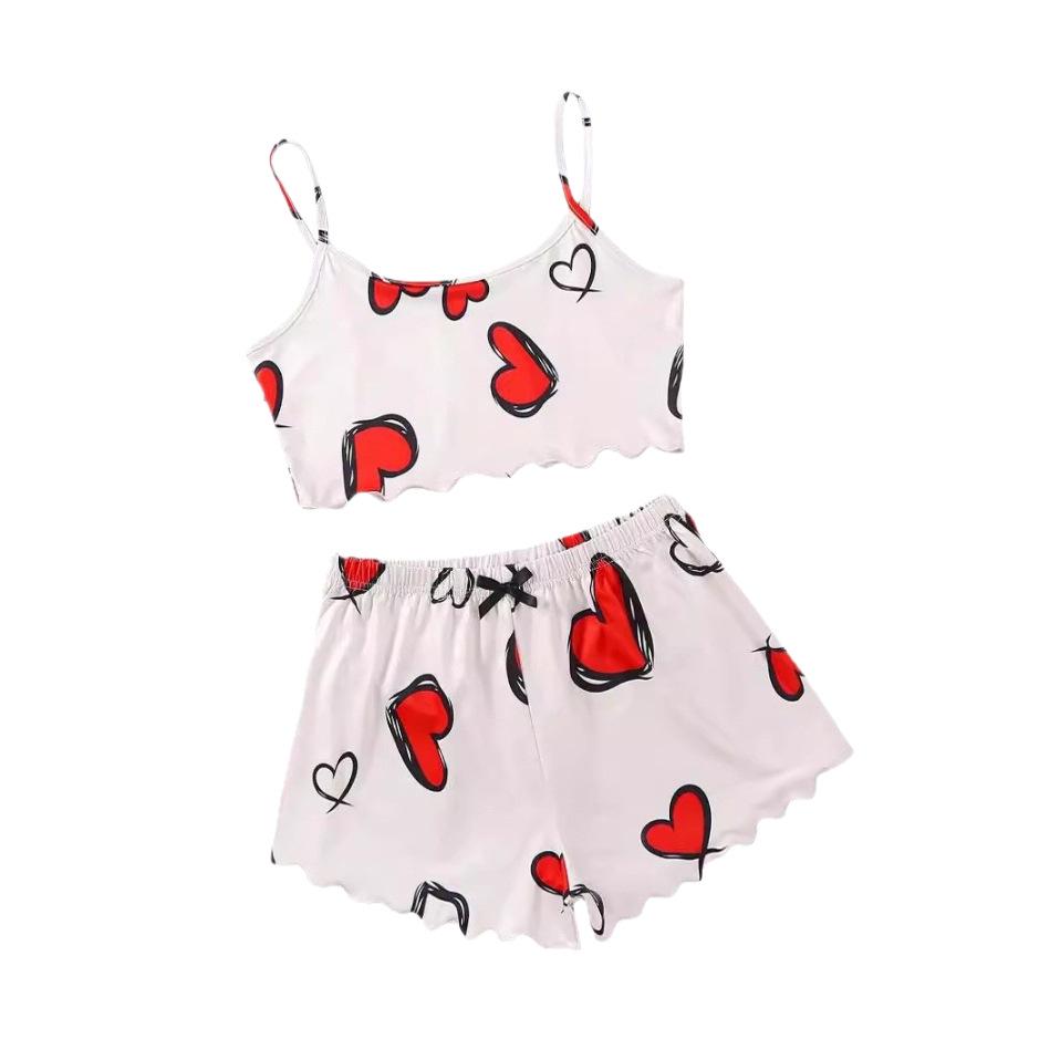 Set de pijamale cu maiou și pantaloni scurți, stil european și american, pentru vară: Pijama Casual Drăguță cu Imprimeu pentru Femei