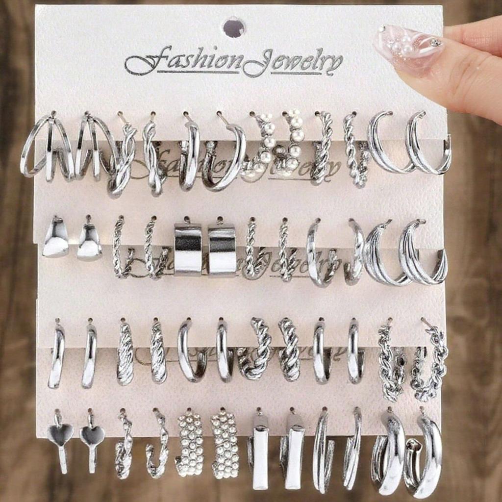 Set di orecchini color oro da 48 pezzi per donna, orecchini a cerchio con perle geometriche, orecchini a lobo alla moda, gioielli impilabili in lega per feste